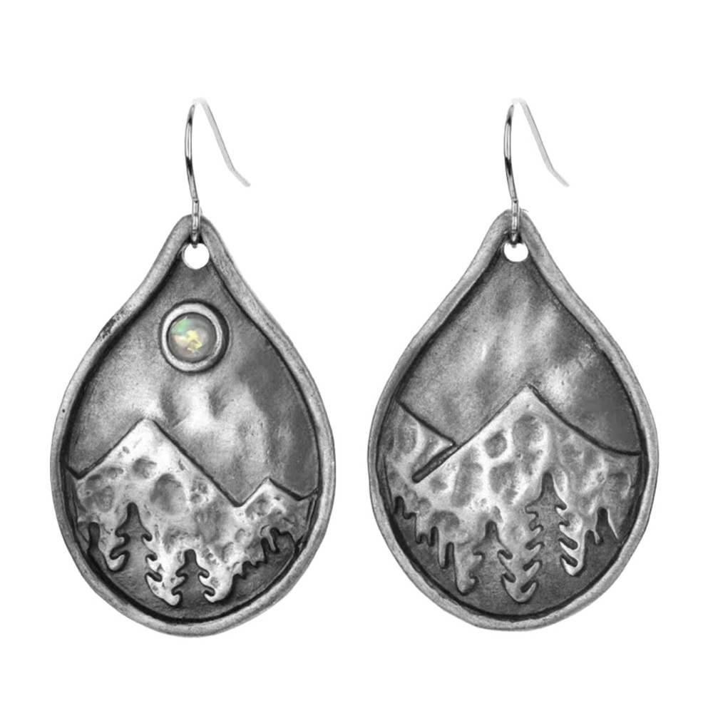 Boho Sunset Mountain Peak Teardrop Silver Drop Earrings